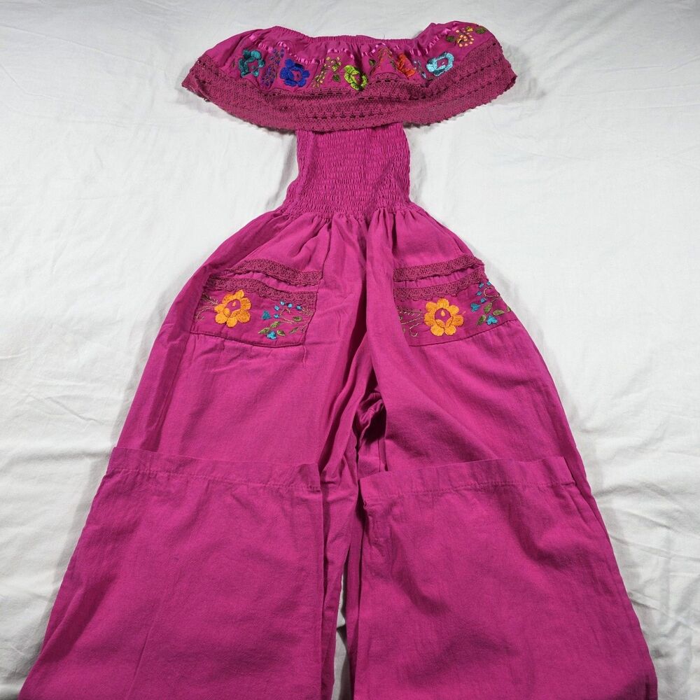 Vtg Mexican Hand Embroidered Off Shoulder Jumpsuit Smocked Wide Leg Pink Boho XL
